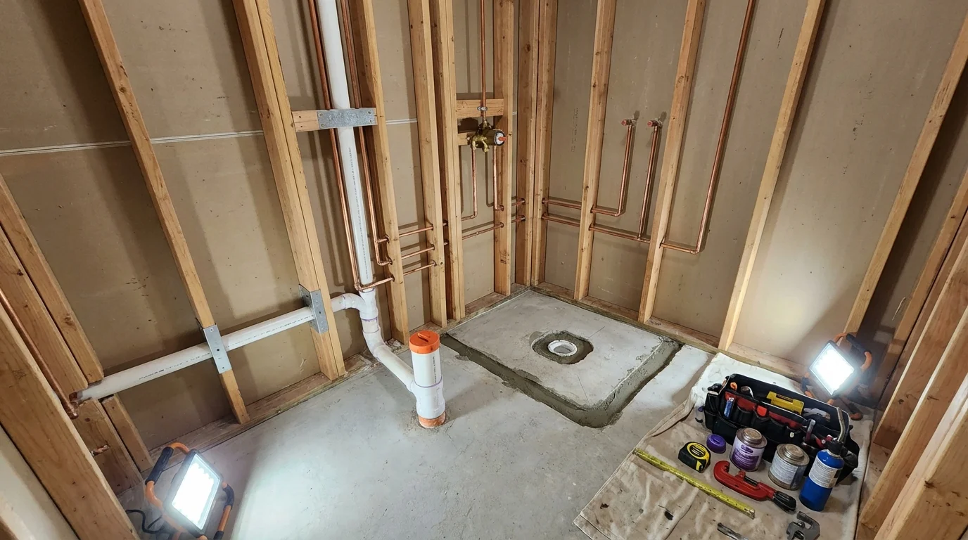 Bathroom rough-in plumbing during remodel by Johns Plumbing LLC in Fennville