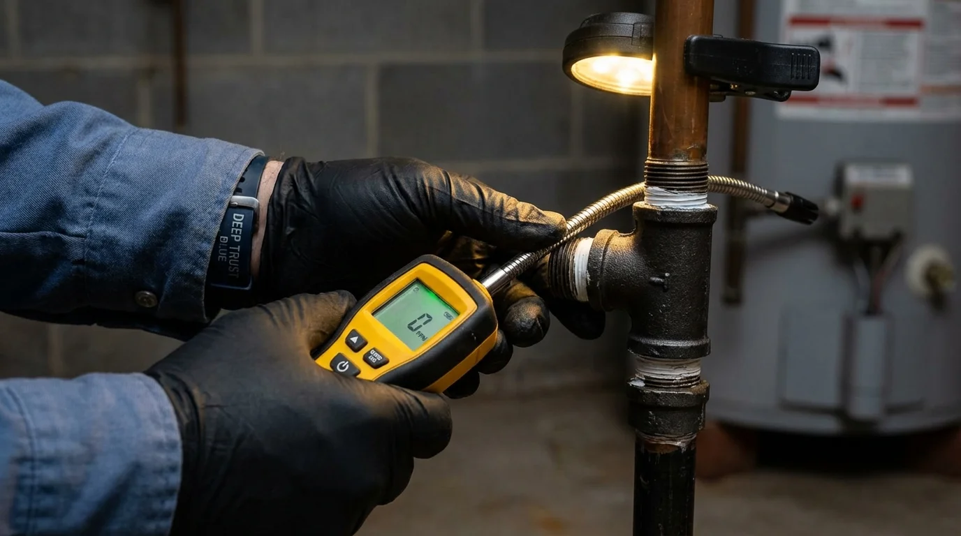 Gas leak detection with electronic sniffer by Johns Plumbing LLC in Fennville