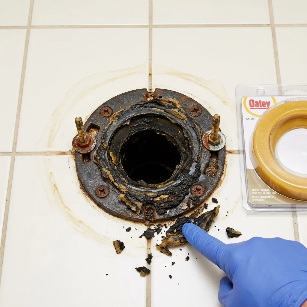 Failed wax ring showing water seepage at the base of a toilet in a Fennville, MI home