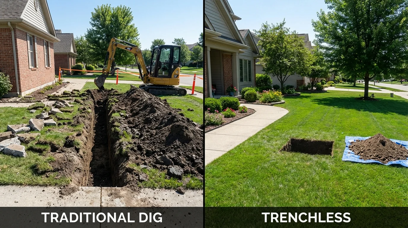 Trenchless sewer repair with minimal yard damage versus traditional excavation in Fennville, MI