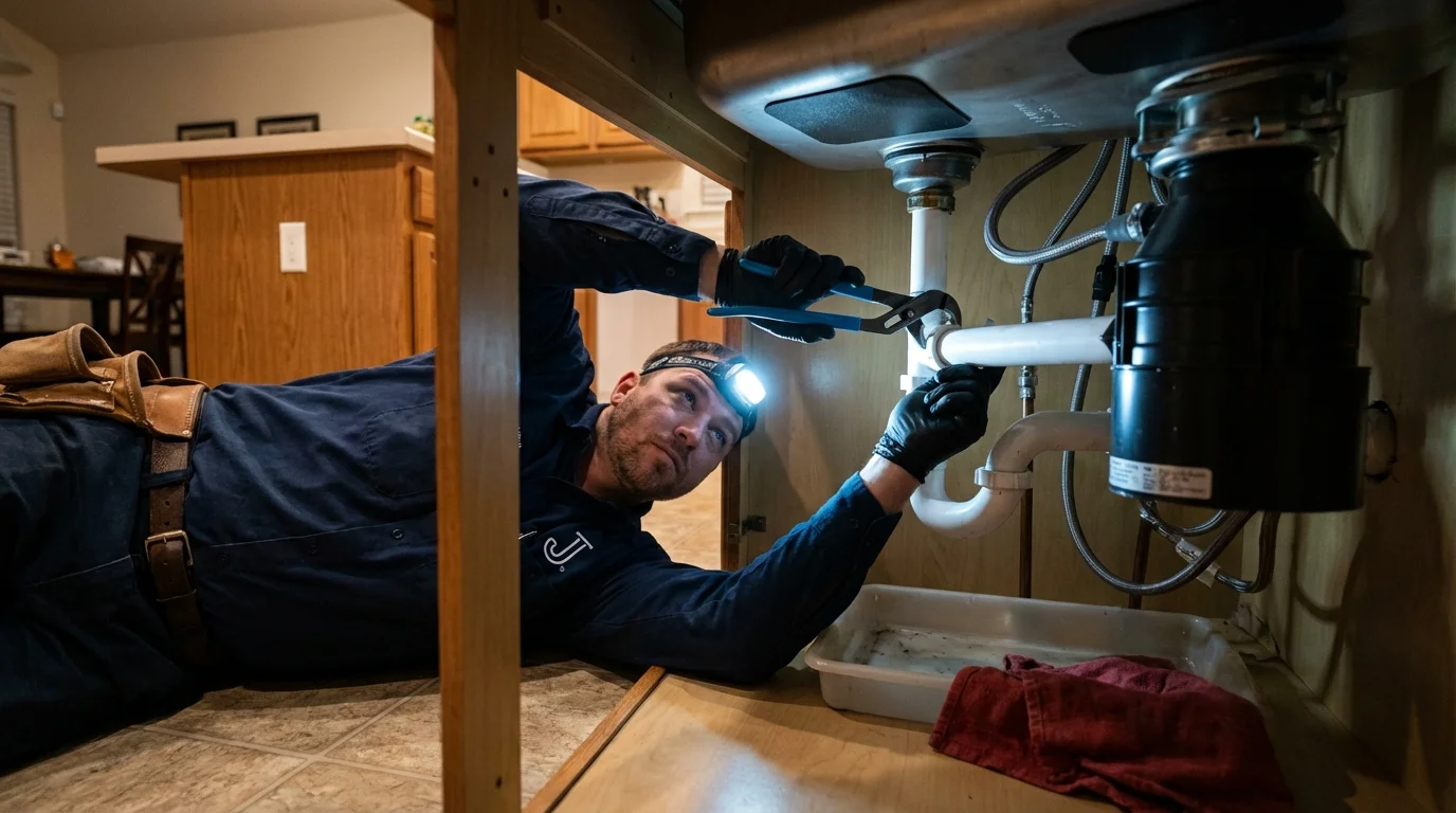 P-trap and supply line connections under a kitchen sink showing a common leak point in Fennville, MI